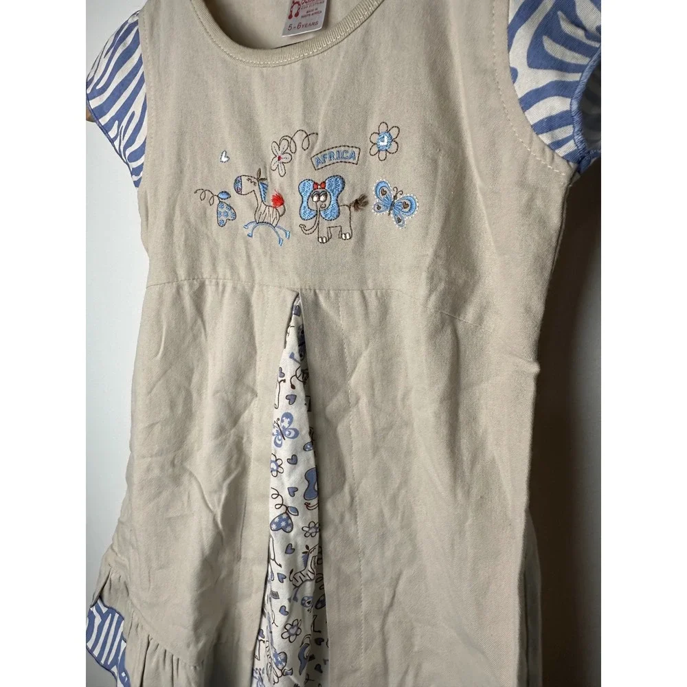 Hooligans Kids Dress 5-6 Years Beige Blue Africa Embroidered Cotton‎